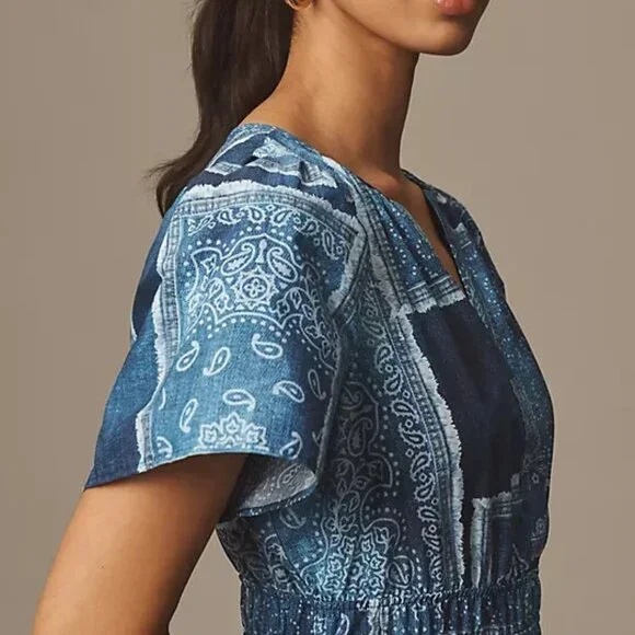 Anthropologie The Somerset Maxi Dress Cotton Bandana Patchwork Print Blue L NWT